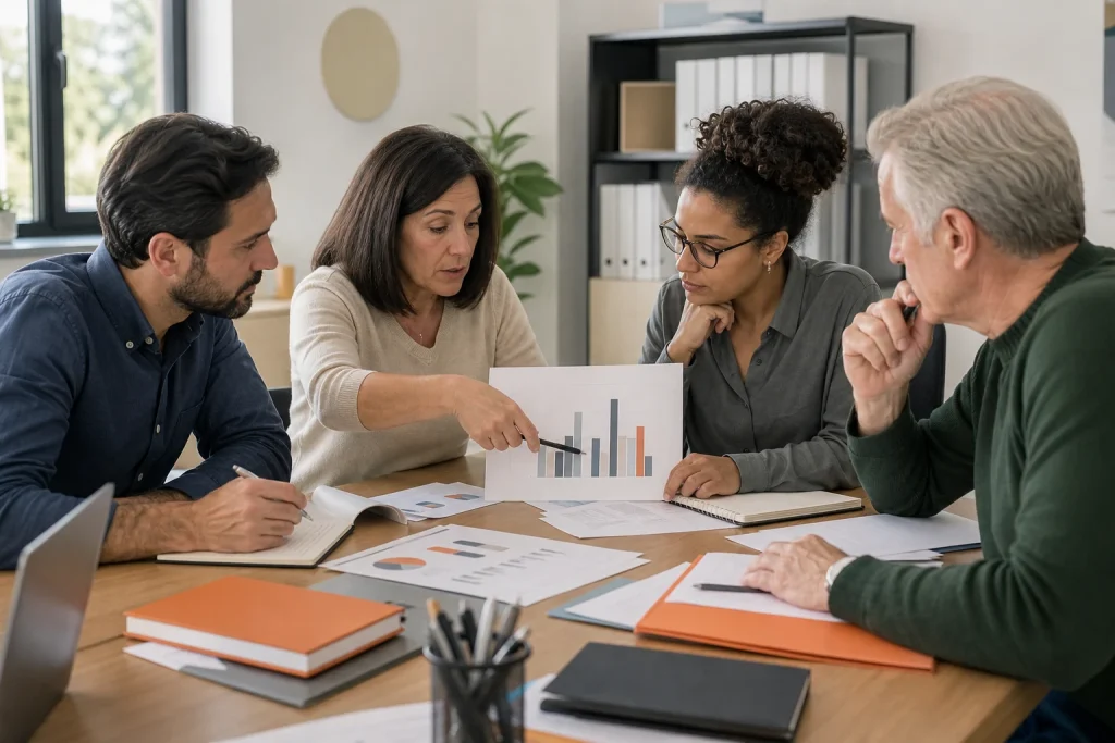 Comité de empresa revisando gráficos para elaborar un plan de igualdad.