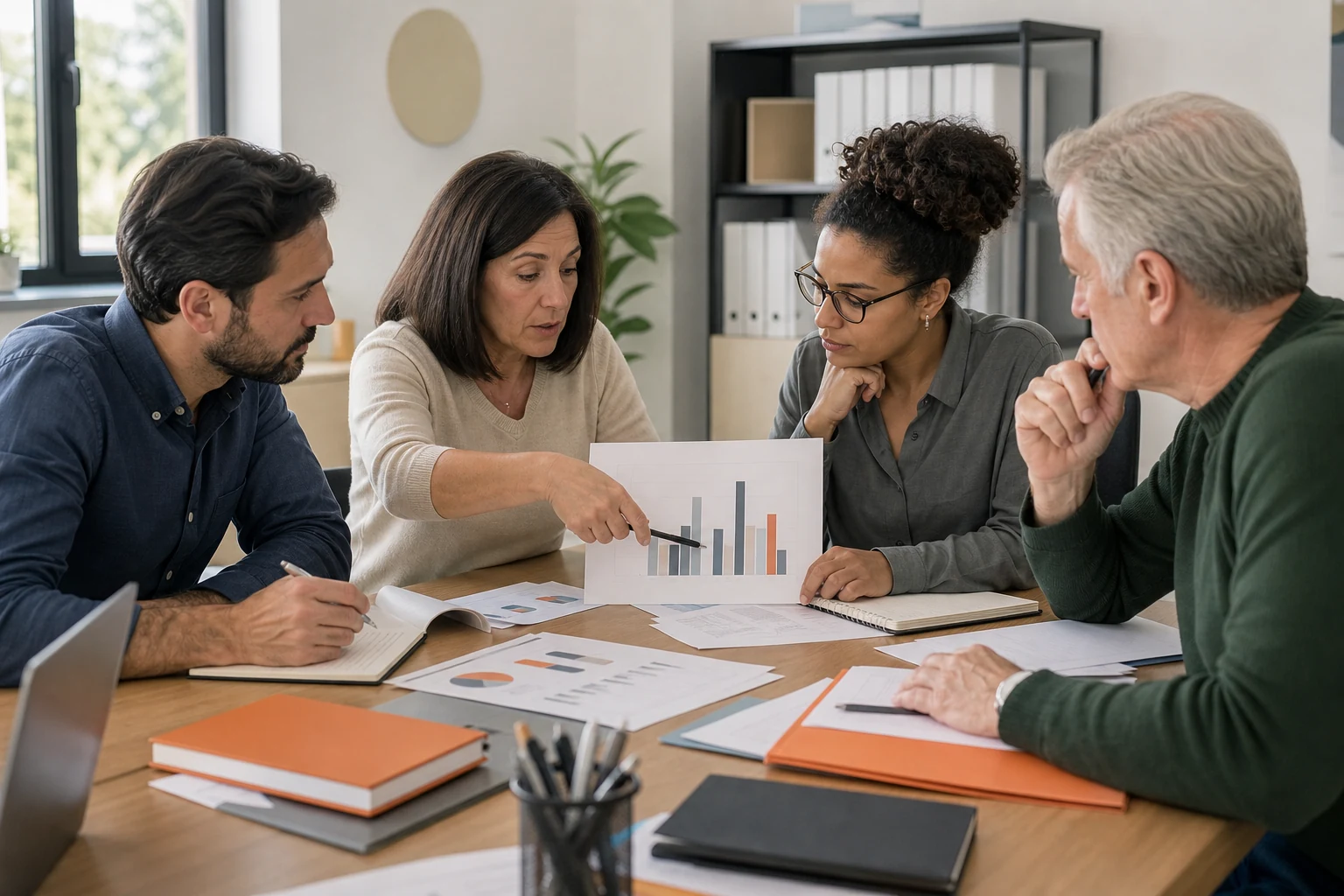 Comité de empresa revisando gráficos para elaborar un plan de igualdad.