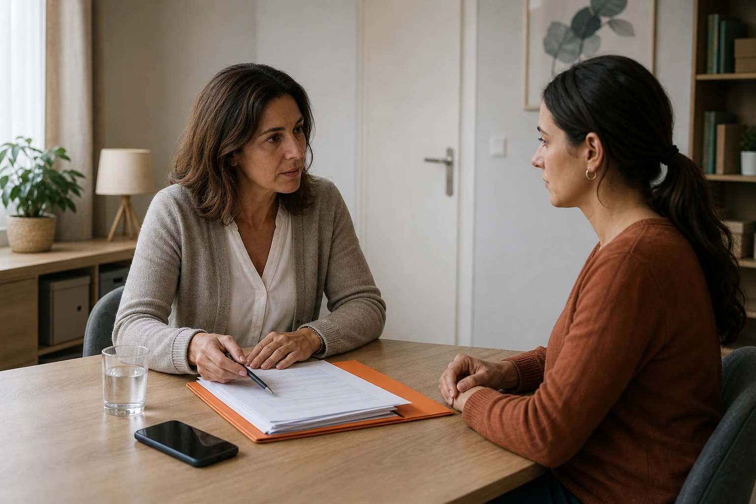 Asesora orientando a una mujer sobre documentación laboral en una consulta confidencial.