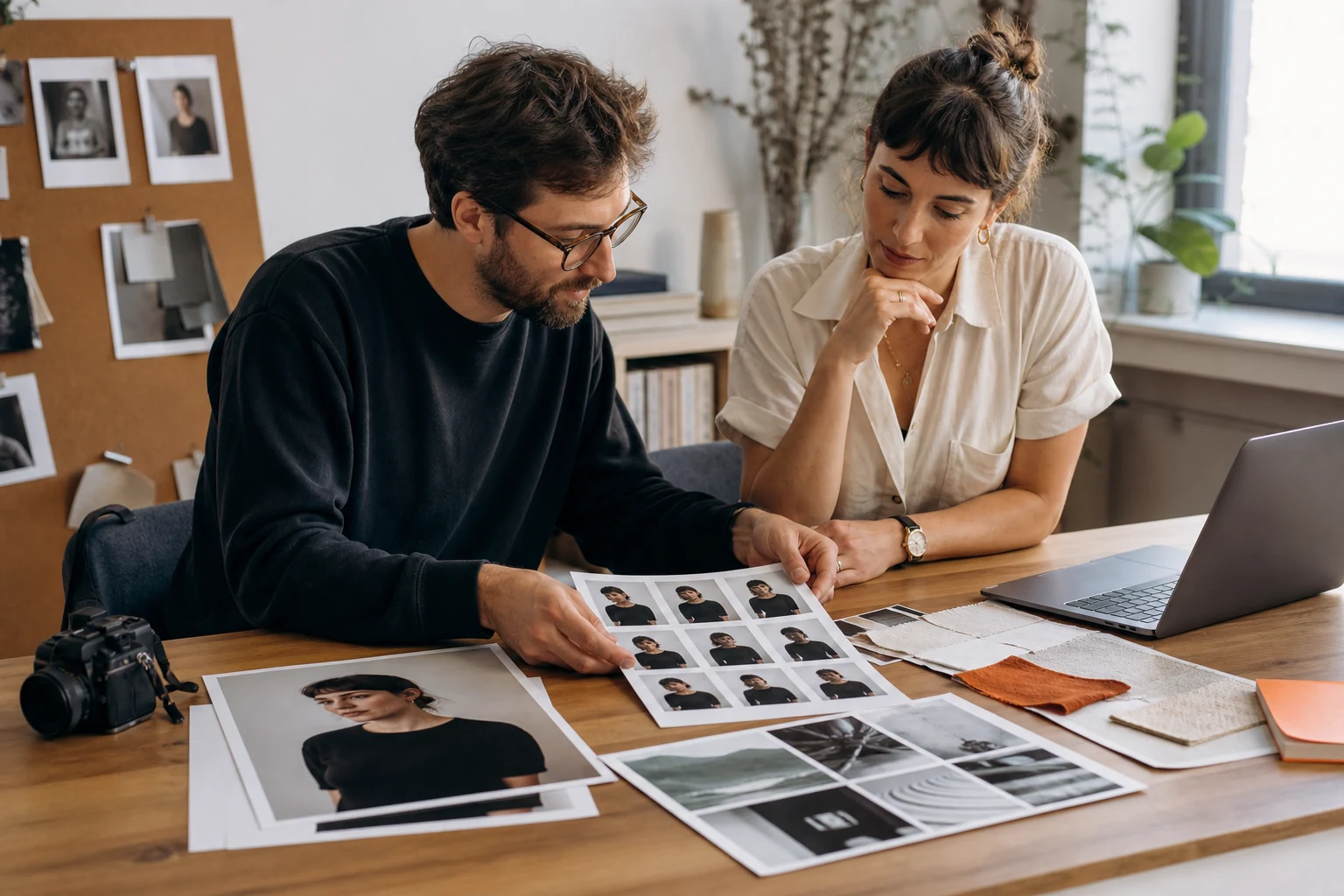 Profesionales seleccionando retratos y materiales para una marca personal.