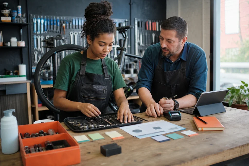 Emprendedora preparando con su mentor un taller de reparación de bicicletas.