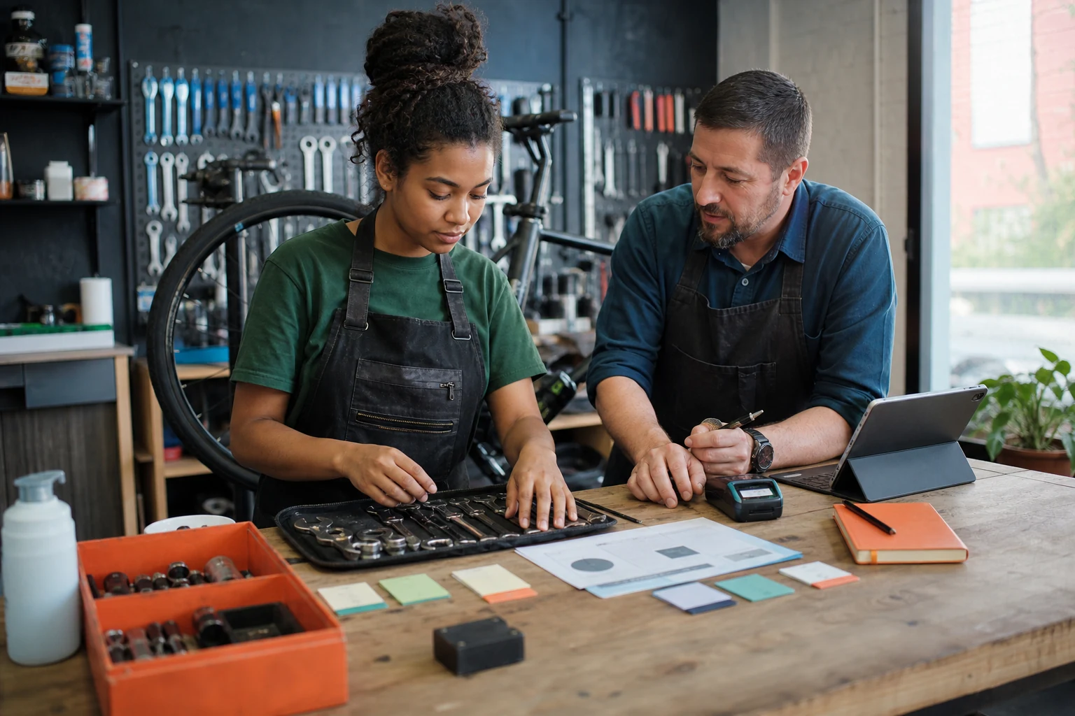 Emprendedora preparando con su mentor un taller de reparación de bicicletas.