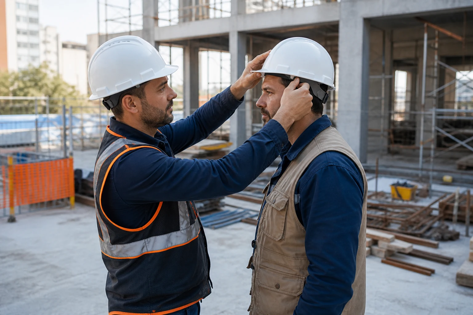Dos profesionales comprueban el ajuste de un casco de seguridad en una obra.