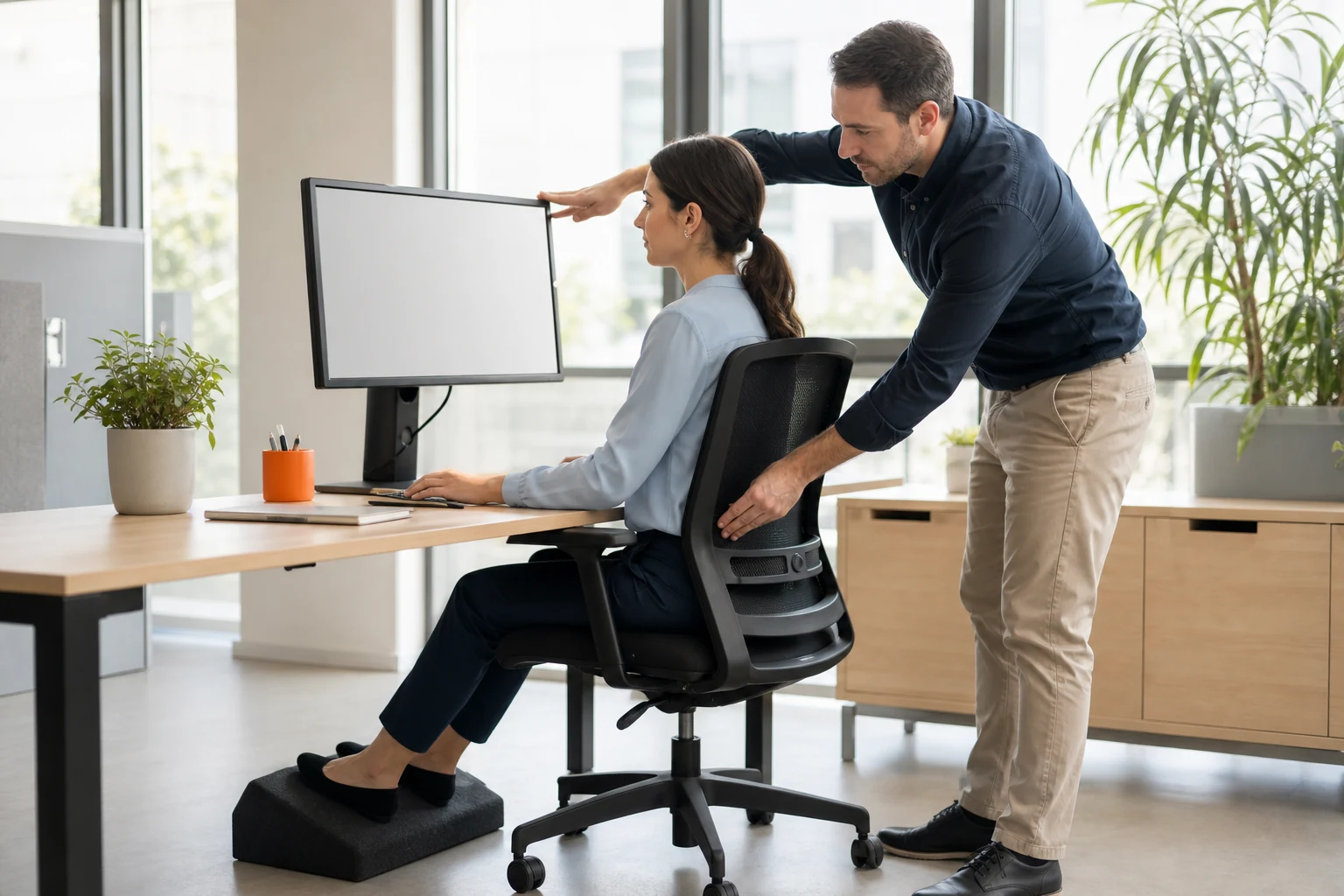 Especialista ajusta la ergonomía del puesto de una trabajadora administrativa.