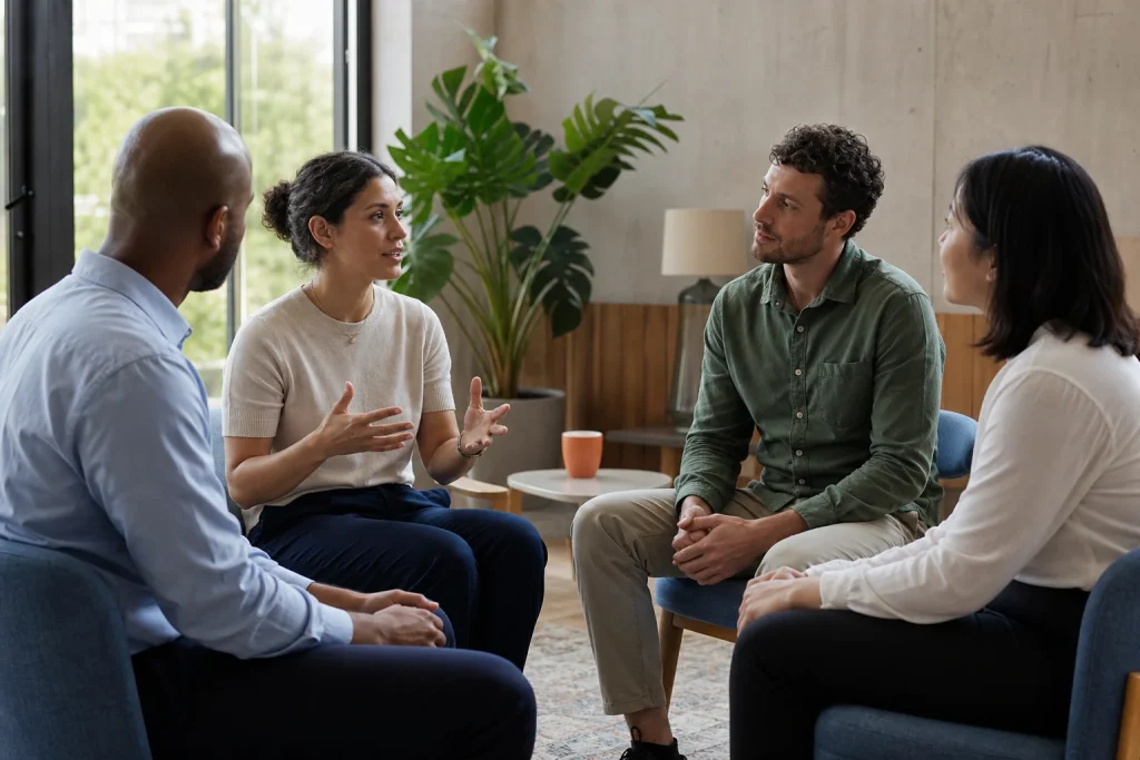 Grupo diverso de profesionales conversa en un entorno laboral respetuoso e inclusivo.