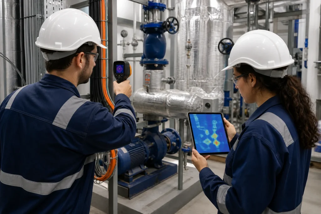 Dos ingenieros realizan una auditoría térmica de una instalación industrial.