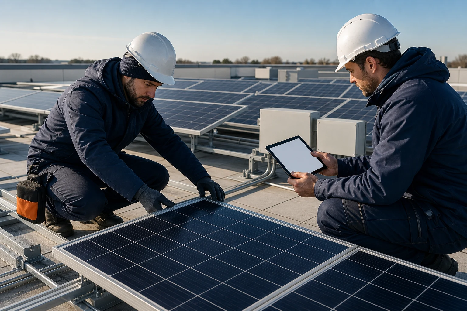 Dos técnicos inspeccionan el montaje de una instalación solar fotovoltaica.