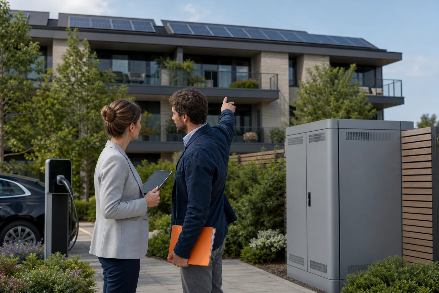 Consultores revisan una instalación compartida de autoconsumo solar y almacenamiento.