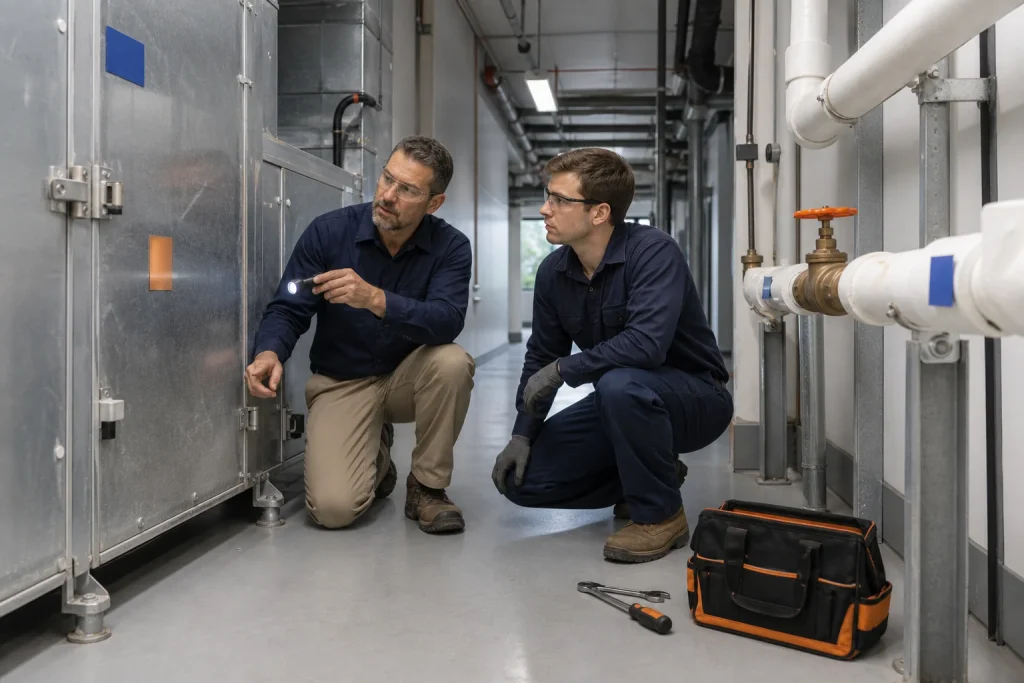 Técnico guía a un aprendiz en la revisión de instalaciones de un edificio.
