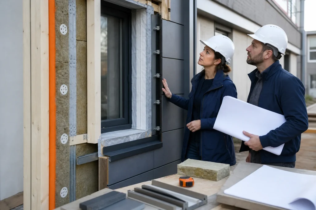 Profesionales inspeccionan aislamiento y fachada ventilada en una rehabilitación energética.