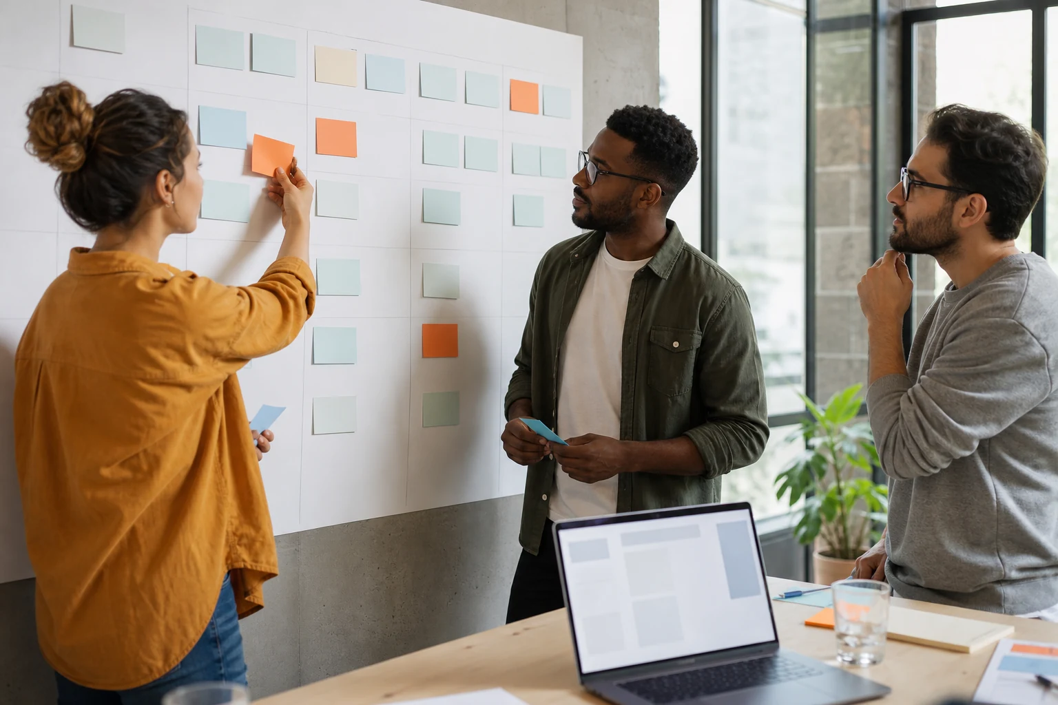 Equipo de desarrollo organizando un sprint con tarjetas de trabajo