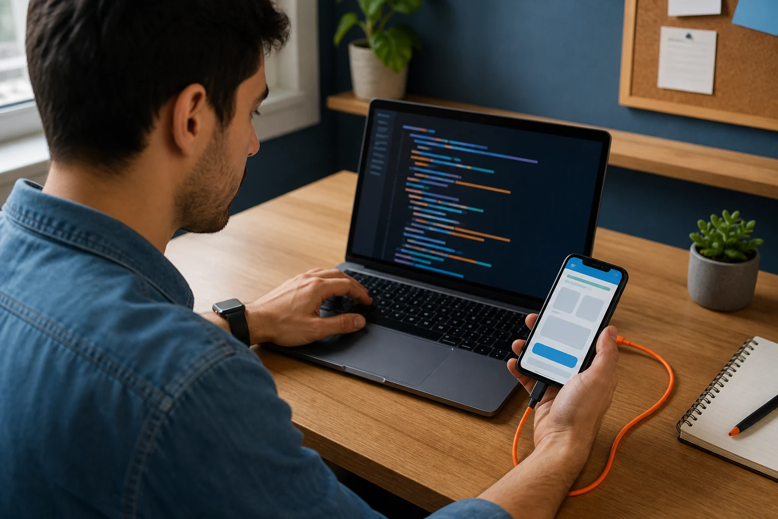 Alumno probando una aplicación móvil conectada a su portátil