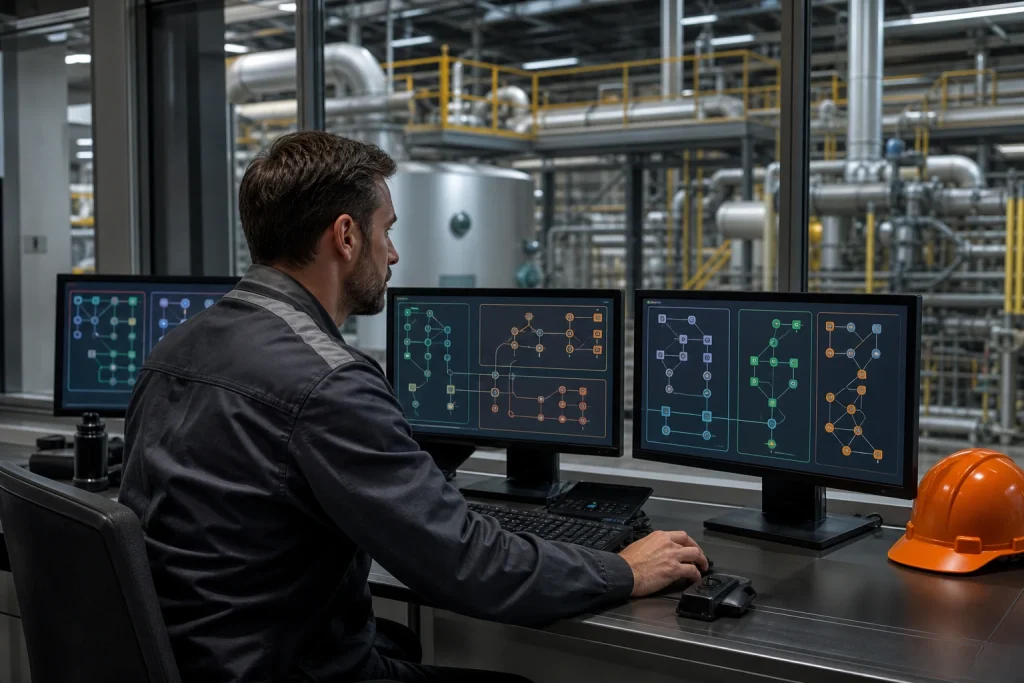 Especialista de ciberseguridad supervisando redes industriales desde una sala de control