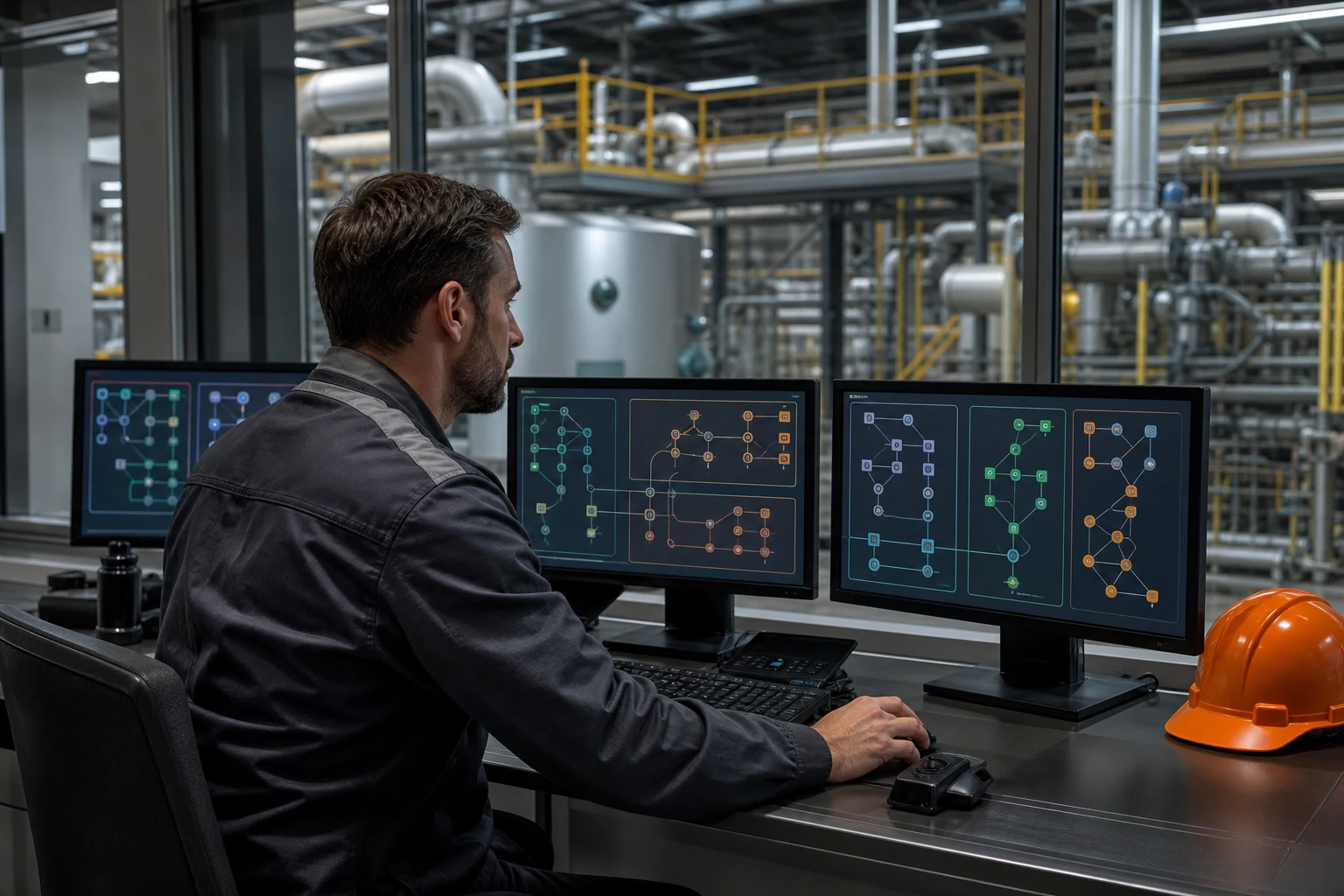 Especialista de ciberseguridad supervisando redes industriales desde una sala de control