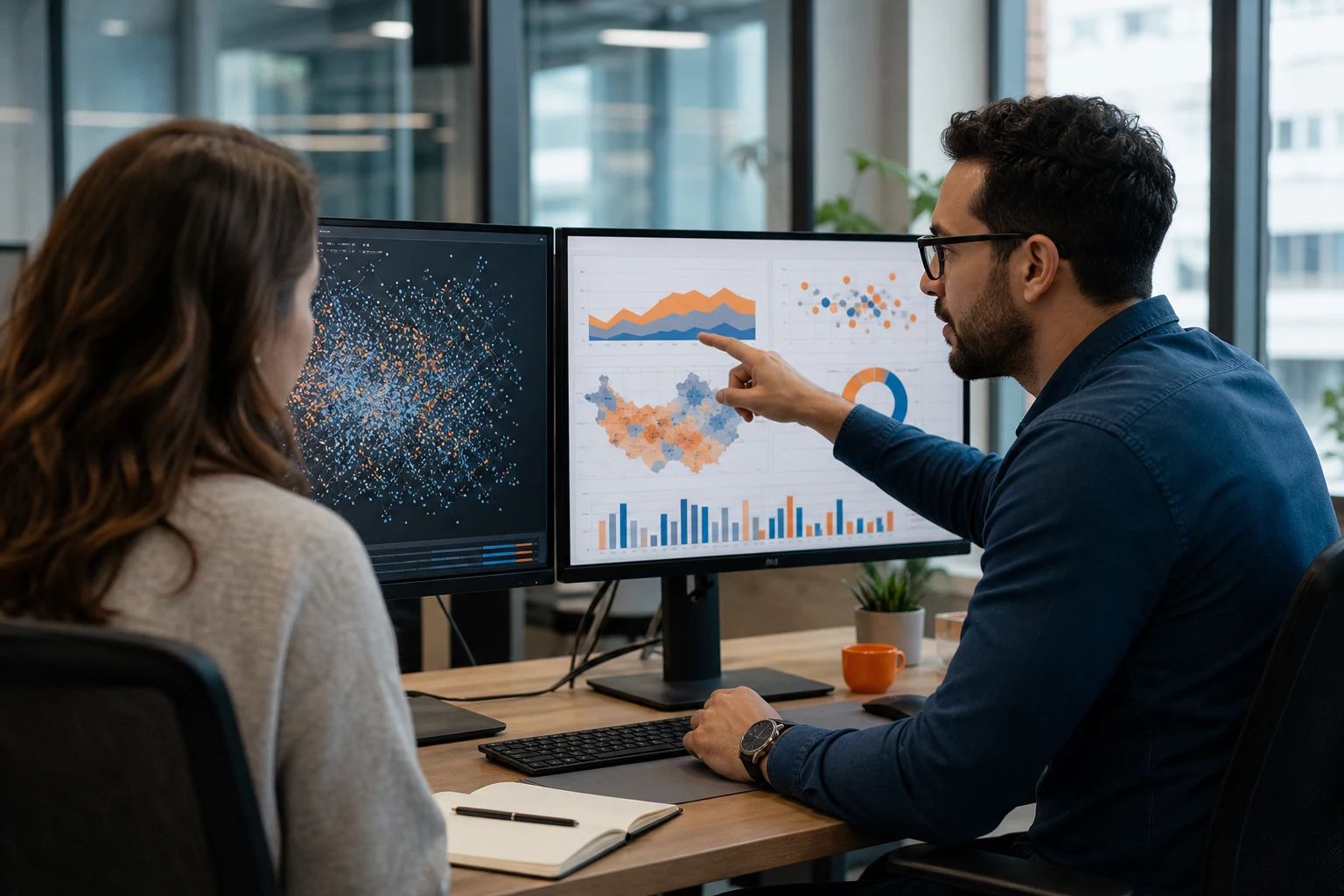 Analistas revisando visualizaciones de Big Data e inteligencia empresarial