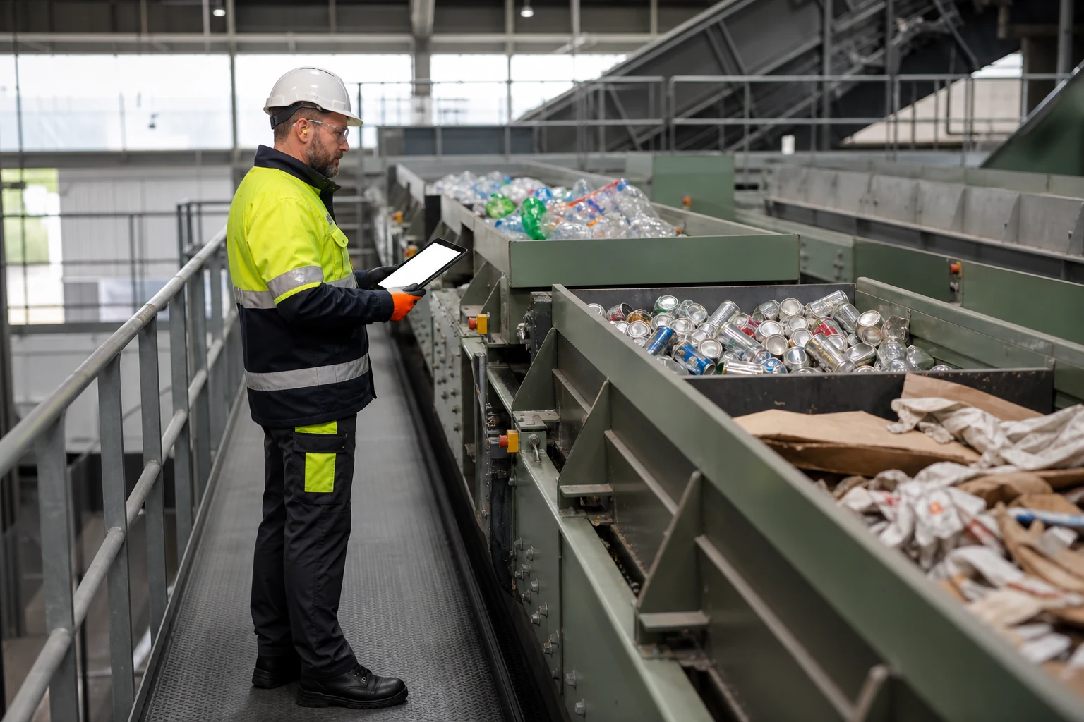 Técnico inspeccionando la clasificación de residuos en una planta de tratamiento