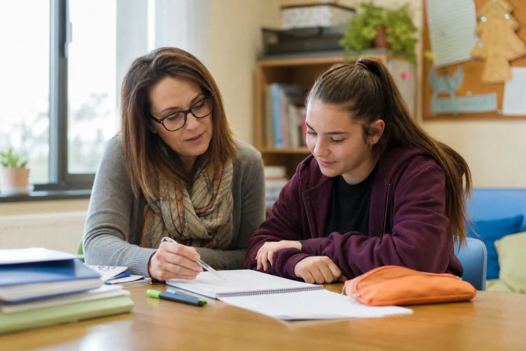 Orientadora educativa apoyando a una estudiante en una sesión de aprendizaje.
