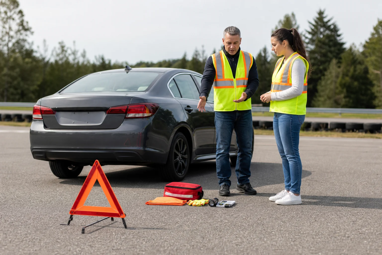 Instructor y alumna practicando procedimientos de seguridad vial junto a un vehículo.