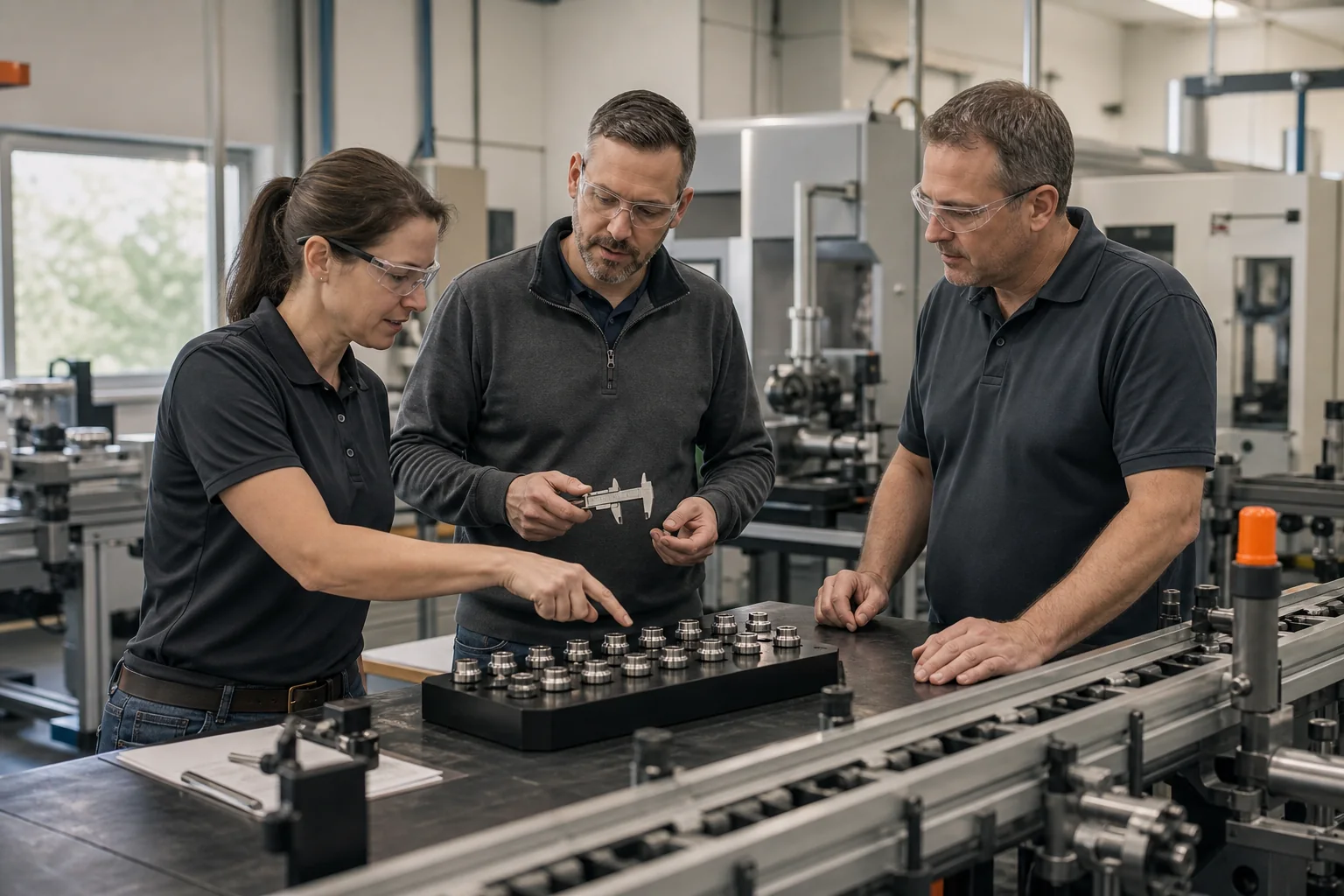 Equipo de calidad inspeccionando componentes en una línea de producción.