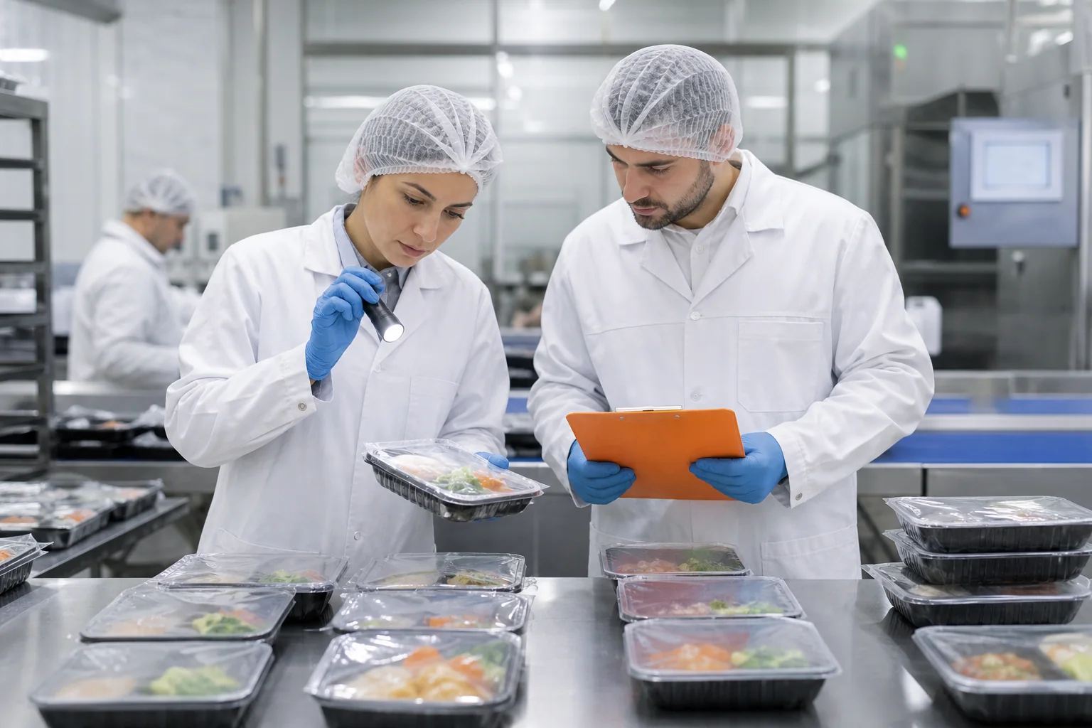 Especialistas en calidad alimentaria revisando envases sellados en una planta.
