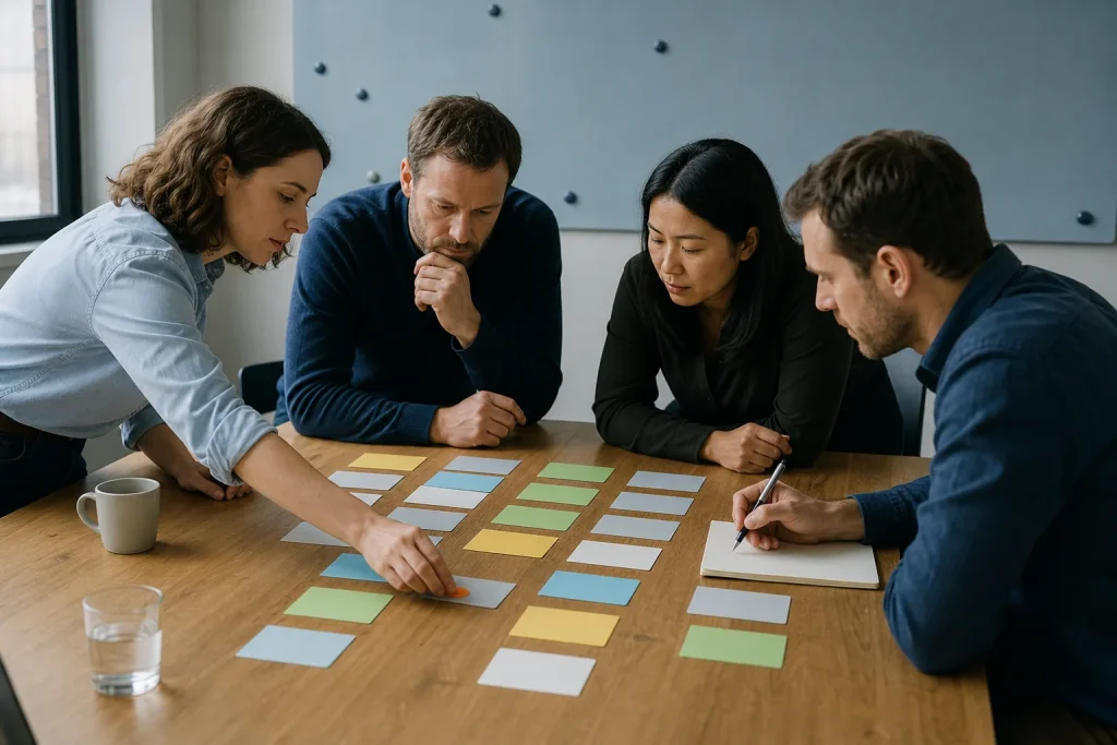 Equipo analizando alternativas con tarjetas de decisión sobre una mesa.
