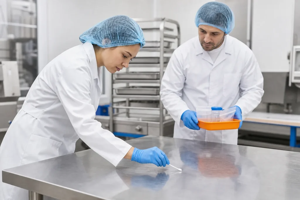 Profesionales de seguridad alimentaria tomando una muestra de una superficie.