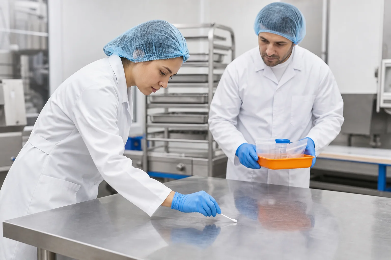 Profesionales de seguridad alimentaria tomando una muestra de una superficie.