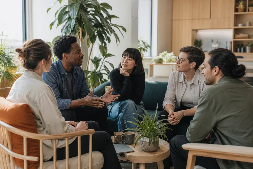 Equipo conversando en un ambiente de trabajo colaborativo y cercano.