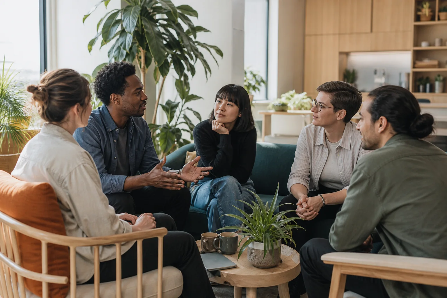 Equipo conversando en un ambiente de trabajo colaborativo y cercano.