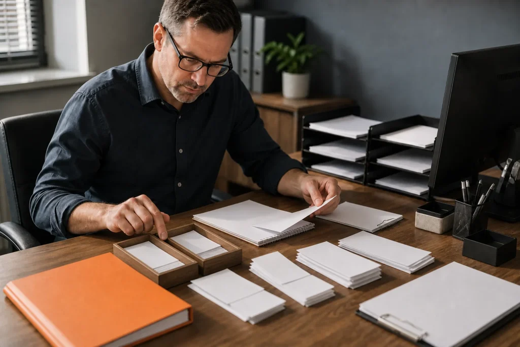 Profesional de contabilidad conciliando y ordenando documentos en su escritorio.
