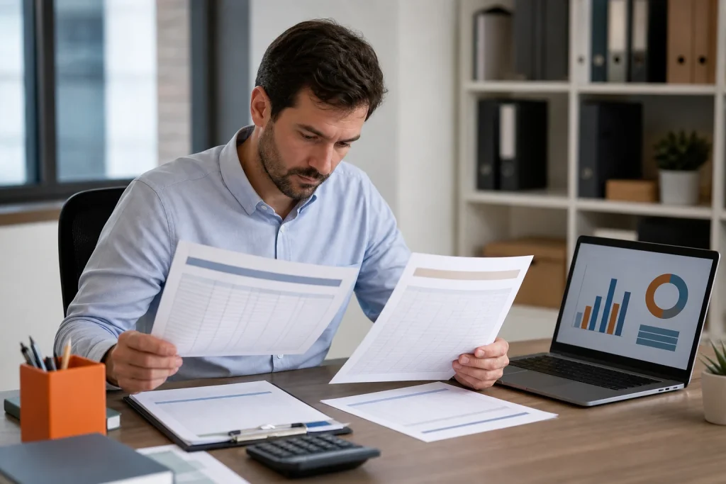 Profesional revisando hojas contables y gráficos financieros en una oficina.