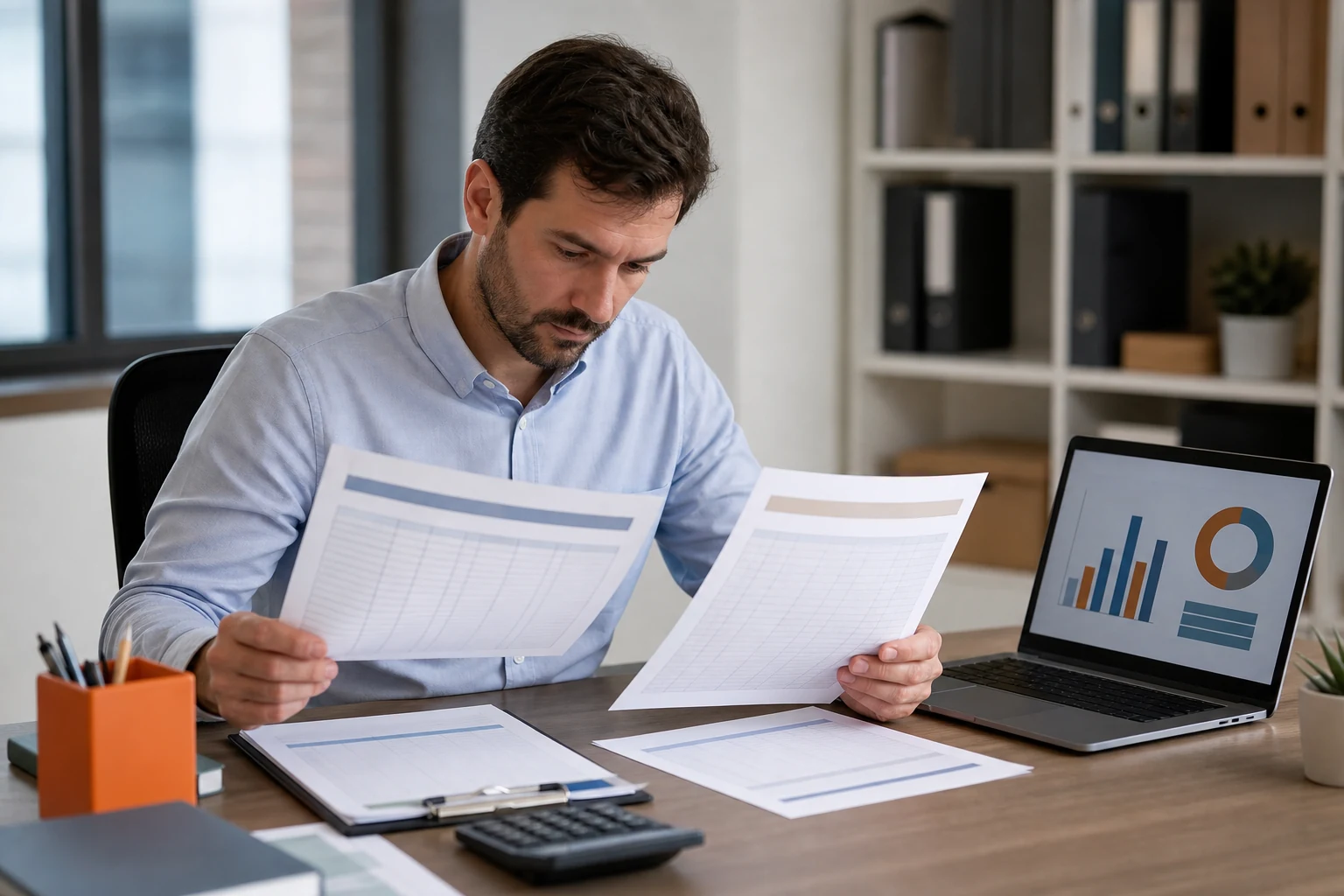 Profesional revisando hojas contables y gráficos financieros en una oficina.
