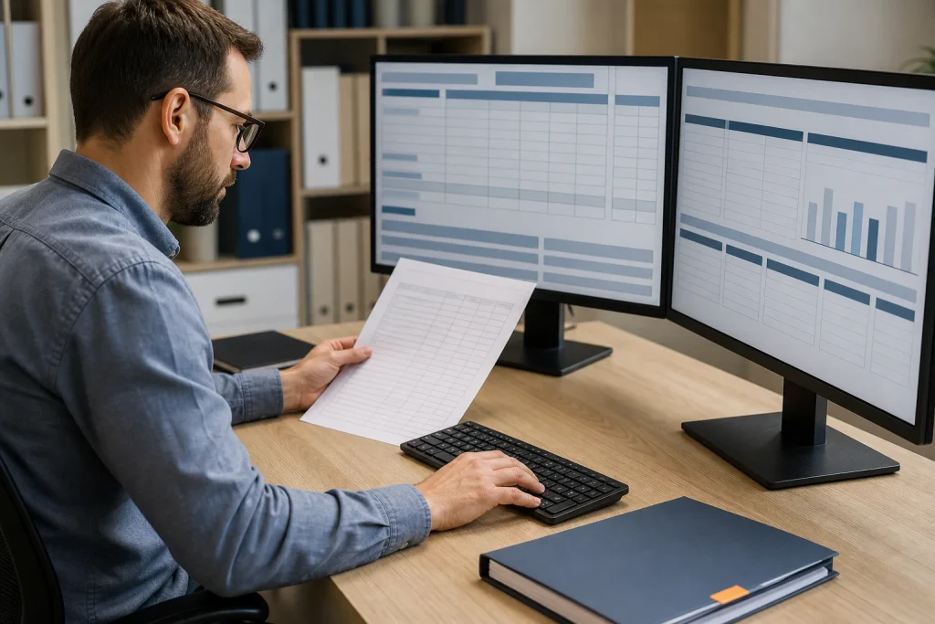 Contable trabajando con registros financieros digitales en dos monitores.