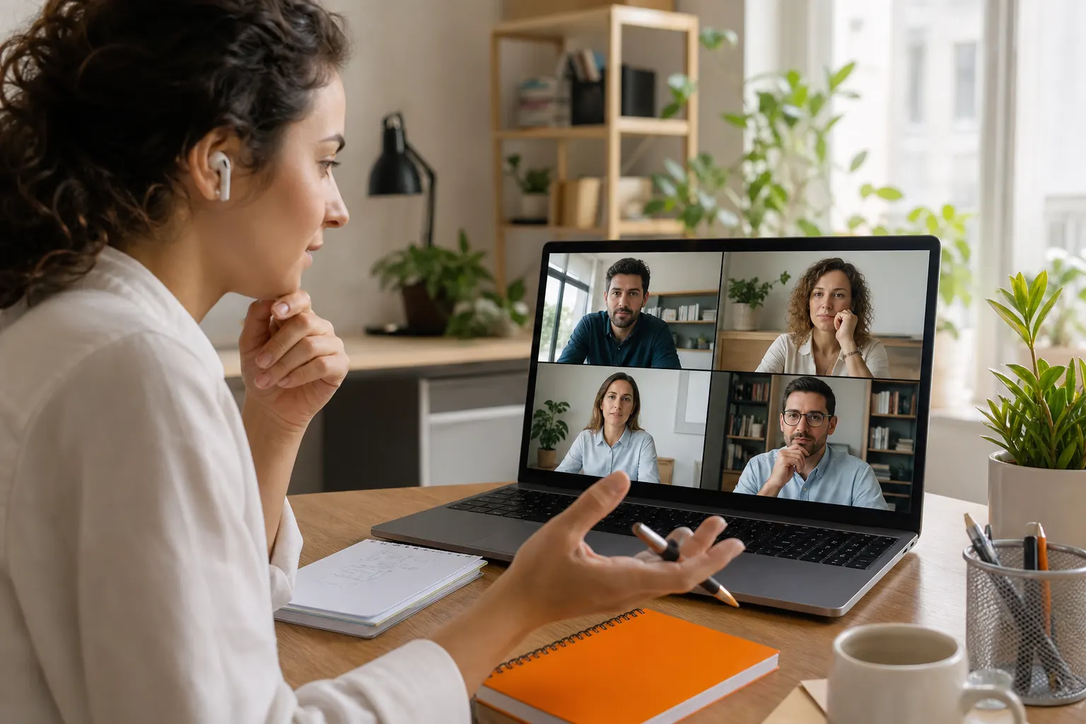 Una responsable de equipo dirige una videollamada con cuatro profesionales desde su espacio de trabajo