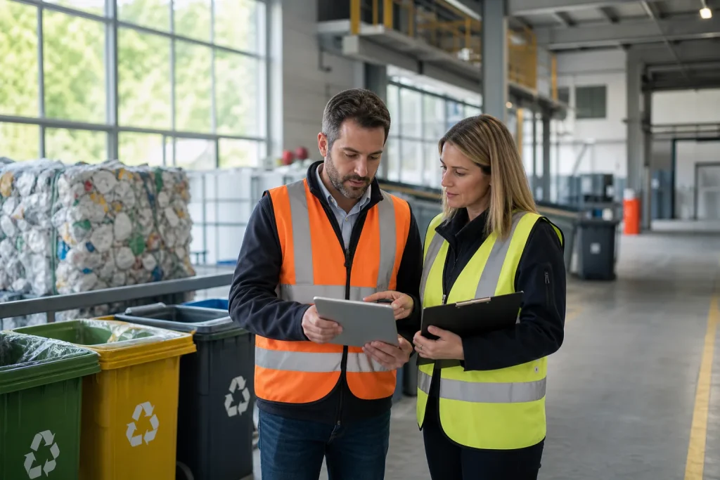 Responsables ambientales revisando controles de reciclaje en una instalación industrial.