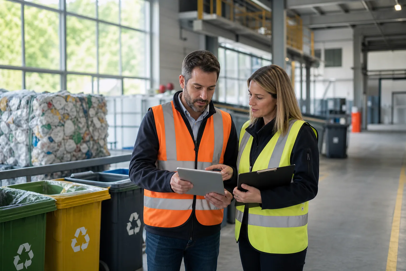 Responsables ambientales revisando controles de reciclaje en una instalación industrial.