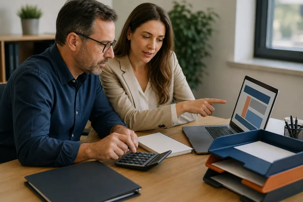 Profesionales revisando la gestión contable con portátil y calculadora