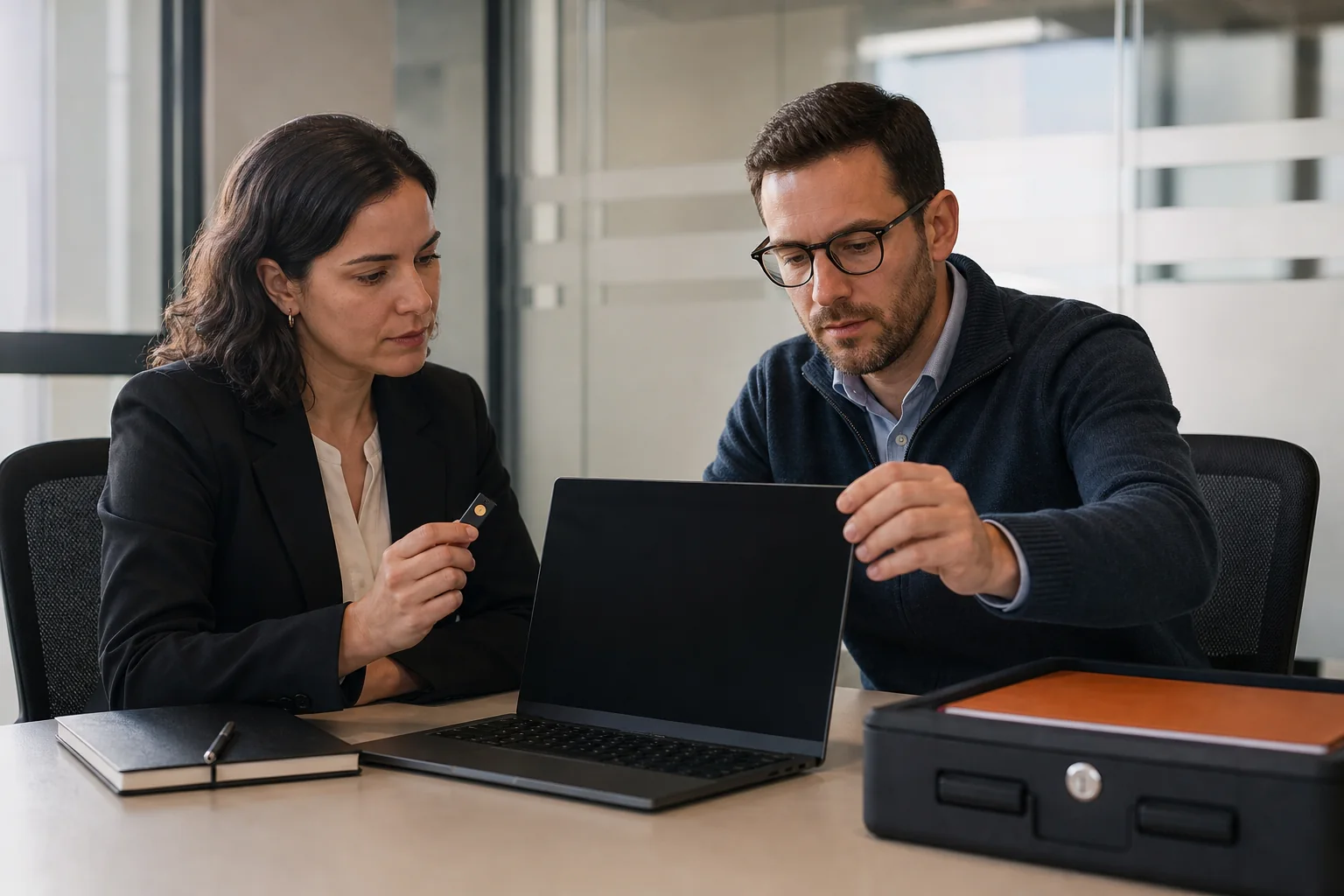 Profesionales aplicando medidas de privacidad y control de acceso digital