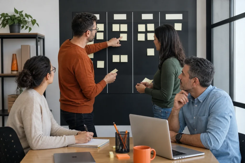 Equipo profesional organizando tareas en un tablero de gestión ágil