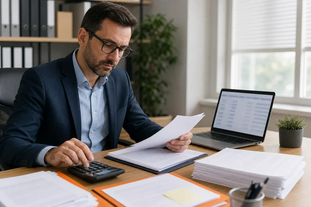 Profesional revisando documentación fiscal con calculadora y ordenador
