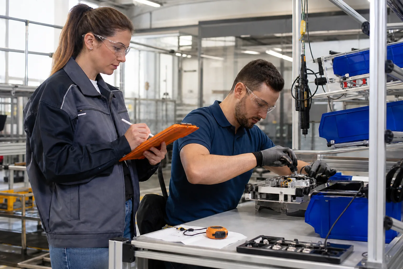 Profesionales midiendo métodos y tiempos en un puesto de producción