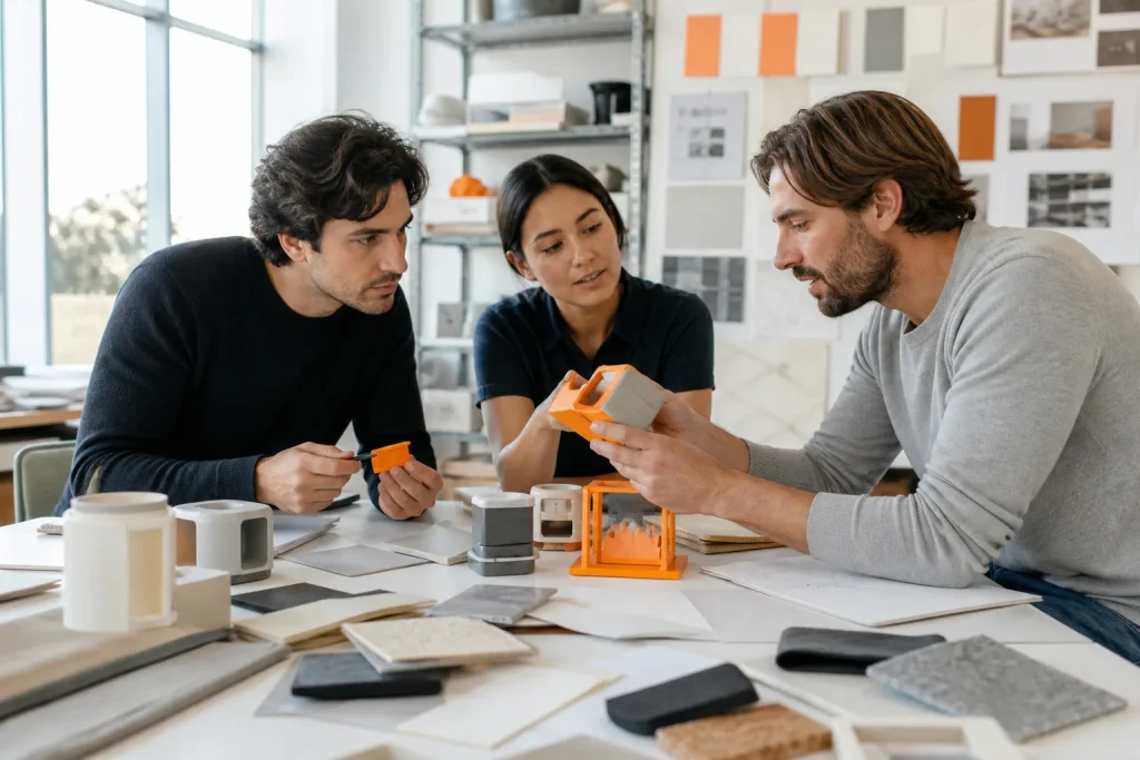 Equipo profesional probando prototipos para desarrollar una innovación