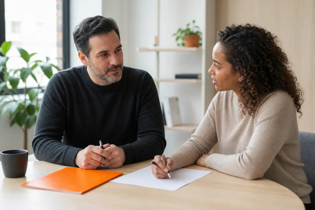 Responsable de equipo manteniendo una conversación de coaching con una profesional
