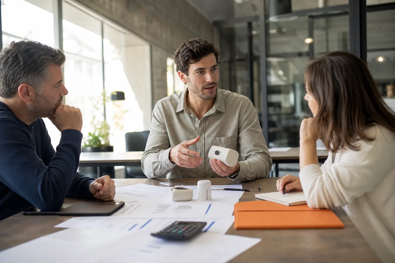 Emprendedor presentando un prototipo y su plan financiero a dos asesores