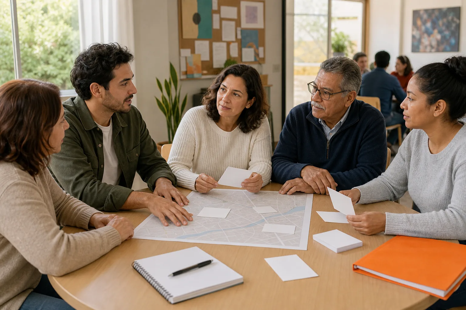 Profesionales y participantes identificando necesidades para un proyecto social