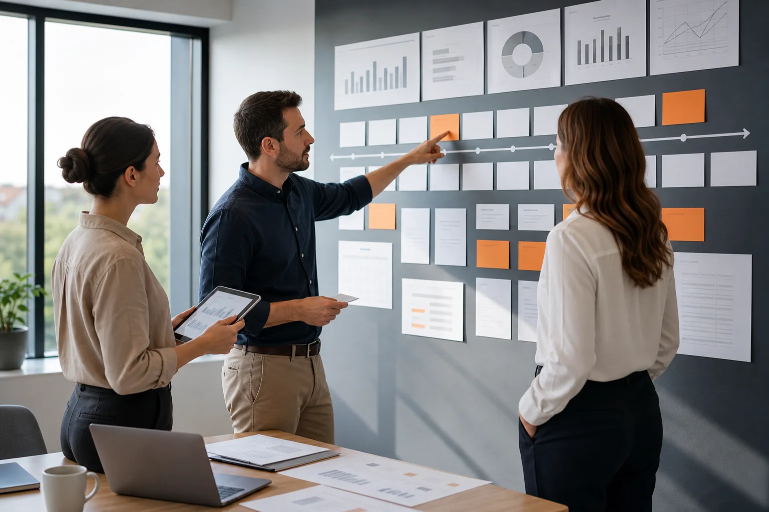 Equipo revisando hitos e indicadores para evaluar un proyecto