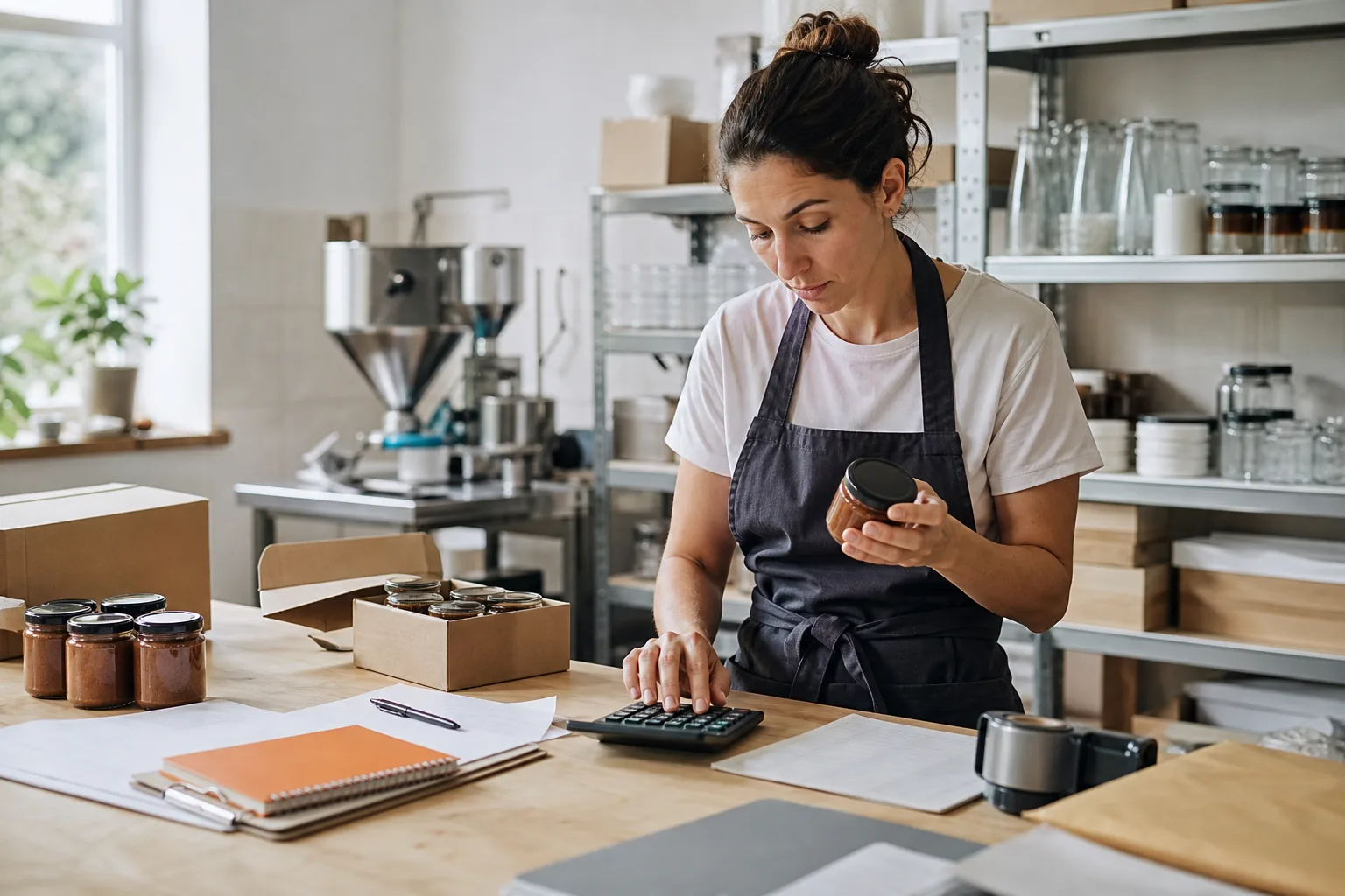 Emprendedora calculando costes y preparando el lanzamiento de sus productos