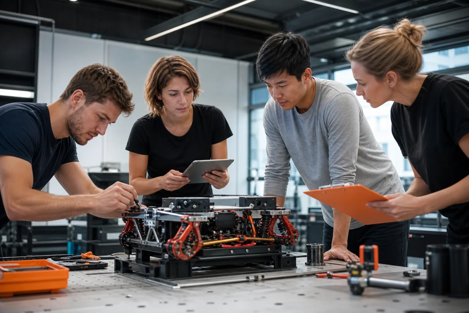Equipo técnico coordinando una prueba conjunta de un prototipo