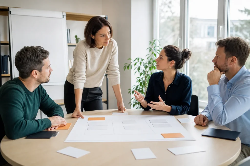 Responsable guiando una conversación sobre funciones y prioridades del equipo