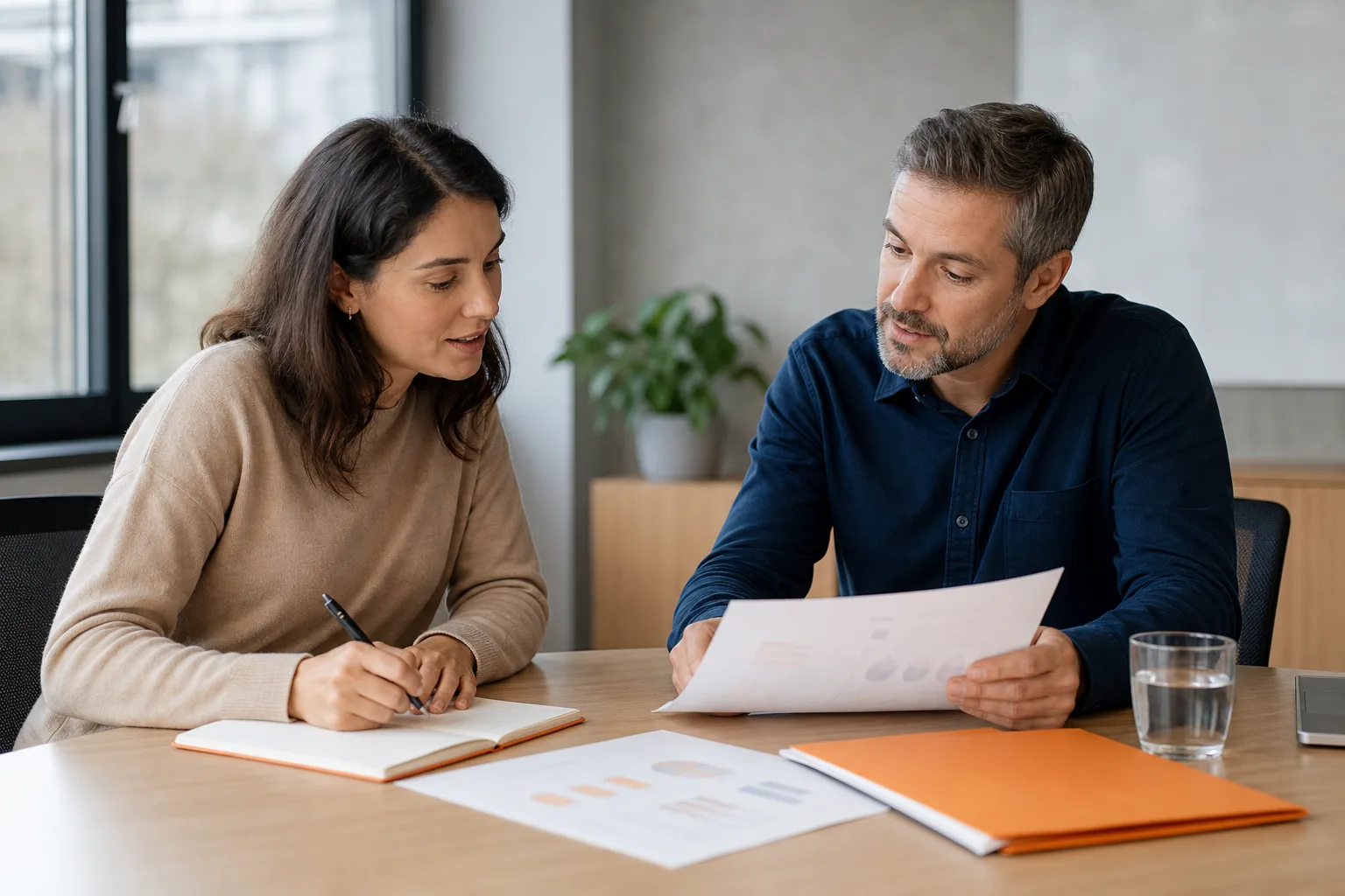 Responsable y profesional revisando conjuntamente una evaluación de desempeño